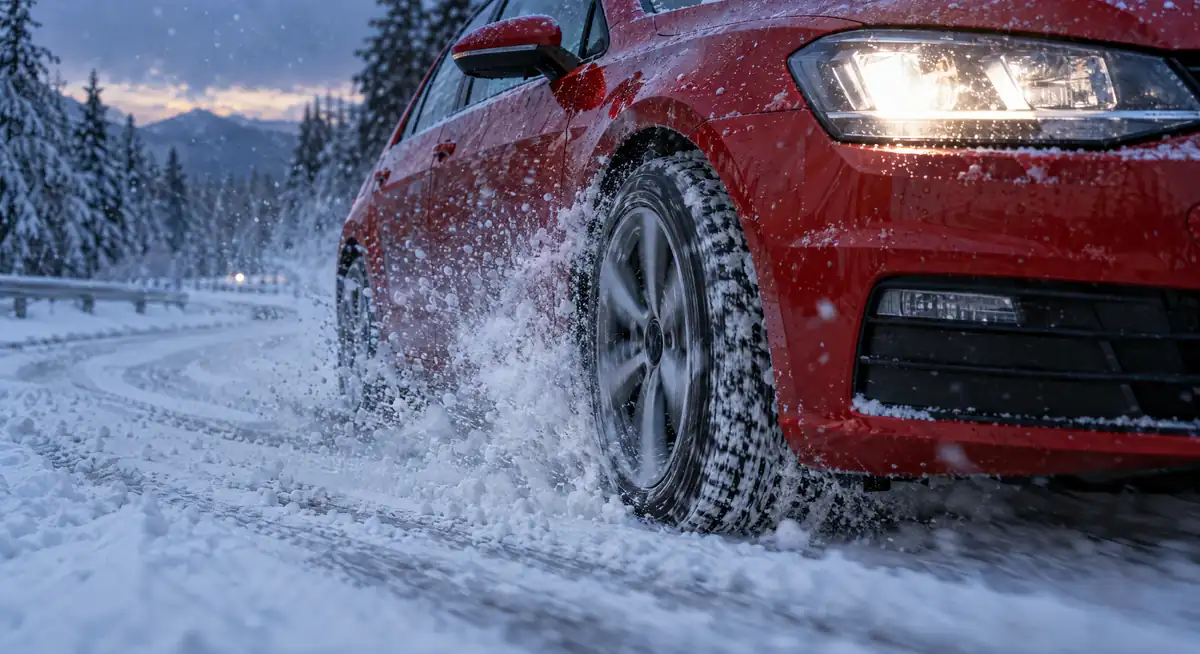 Auto rossa con gomme estive che slitta su una strada innevata